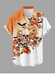 Chemise pour homme Halloween à boutons et poche, imprimé crânes, fleurs, citrouilles et chauves-souris - Orange S