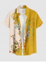 Flower Leaf Print Hawaii Button Pocket Shirt For Men -  