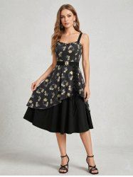 Robe trapèze à lacets, imprimé fleuri, insert scintillant, ceinture amovible - Noir L