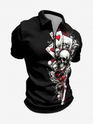 Polo zippé Halloween pour homme à imprimé crânes poker cœur - Noir L