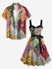 Flower Colorblock Print Hawaii Button A Line Dress with Removable Belt -  