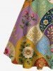 Flower Colorblock Print Hawaii Button A Line Dress with Removable Belt -  