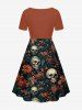 Skulls Flowers Leaf Print Hawaii Cinched Dress -  