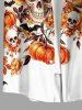 Chemise pour homme Halloween à boutons et poche, imprimé crânes, fleurs, citrouilles et chauves-souris - Orange S