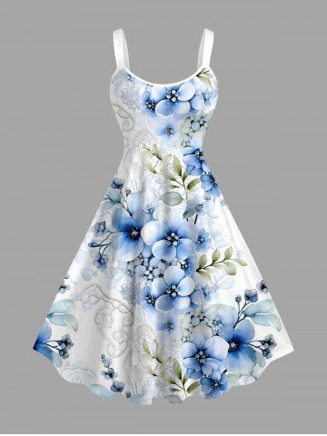 Flowers Leaf Print Hawaii Tank Dress(Adjustable Shoulder Strap)
