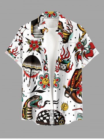 Flower Snake Umbrella Spider Web Print Buttons Pocket Hawaii Shirt For Men - WHITE - 4XL