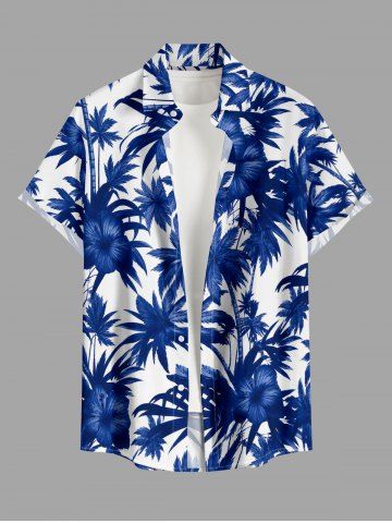 Hibiscus Flowers Coconut Tree Print Buttons Pocket Hawaii Shirt For Men - BLUE - S