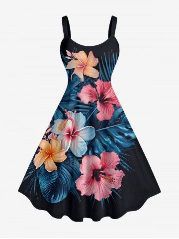 Hibiscus Flowers Tropical Leaf Print Hawaii Tank Dress(Adjustable Shoulder Strap)