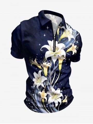 Hawaii Lily Flower Galaxy Print Zipper Polo Shirt For Men - BLACK - XS