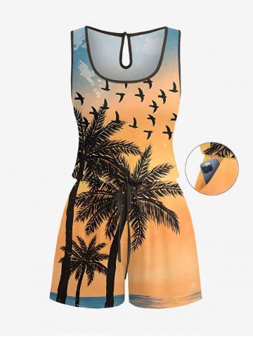 Combinaison imprimée Cocotier Hawaï ciel ombré, avec cordon de serrage et poche - PINK ORANGE - M