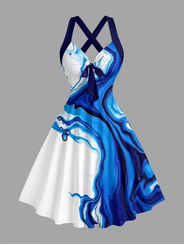 Hawaii Fluid Marble Print Halter Crisscross Strappy A Line Dress - BLUE - XXXL