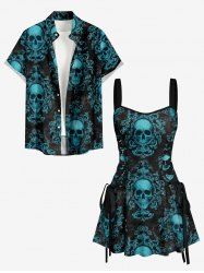 Tenue assortie pour couples avec motif crânes d'Halloween floral Magic Mirror - Paon Bleu 