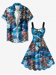 Crânes Pirate Perroquet Cocotier Fleur Vagues de Mer Imprimé Assorti Ensemble Plage Hawaii pour Couples - Pers 