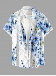 Chemise hawaïenne pour homme à imprimé fleurs et feuilles, avec boutons et poche - Bleu Ciel S