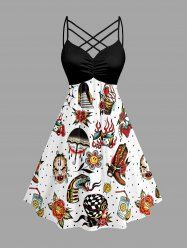 Flower Snake Umbrella Spider Web Print Ruched Lattice Crisscross Straps Hawaii Dress -  