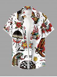 Flower Snake Umbrella Spider Web Print Buttons Pocket Hawaii Shirt For Men -  