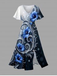 Robe midi Hawaï à imprimé ombré fleurs tropicales et encolure enveloppante - Bleu de Minuit XXS