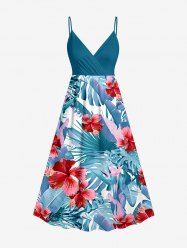 Hibiscus Flower Tropical Leaf Print Surplice Hawaii Cami Dress -  