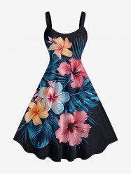 Robe hawaïenne sans manches à imprimé feuilles tropicales et fleurs d'hibiscus (bretelles ajustables) - Paon Bleu XXS