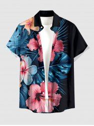 Hibiscus Flowers Tropical Leaf Print Buttons Pocket Hawaii Shirt For Men -  