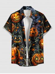 Halloween Pumpkin Spider Web Bat Print Buttons Pocket Shirt For Men -  