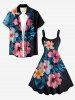 Robe hawaïenne sans manches à imprimé feuilles tropicales et fleurs d'hibiscus (bretelles ajustables) - Paon Bleu XXS