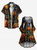 Halloween Pumpkin Spider Web Bat Print Ruched Flare Sleeves High Low Dress -  