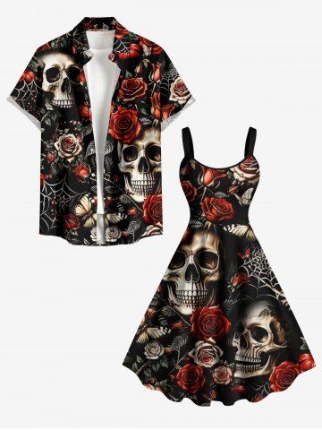 Halloween Skulls Flower Butterfly Spider Web Print Matching Outfit For Couples - DEEP RED