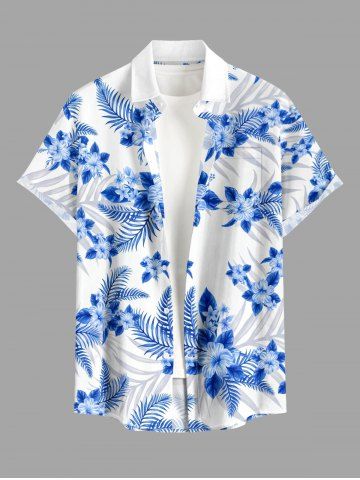 Chemise hawaïenne homme à imprimé feuilles tropicales et fleurs d'hibiscus, avec boutons et poche - BLUE - 6XL