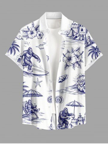 Chemise Hawaii pour homme Gorilla à imprimé cocotier, fleurs et vagues marines avec boutons et poche - WHITE - 4XL