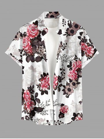 Chemise hawaïenne à boutons et poche pour hommes – Imprimé fleurs et feuilles - WHITE - XL