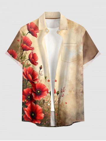 Flower Ombre Print Hawaii Button Pocket Shirt For Men - TAN - 4XL