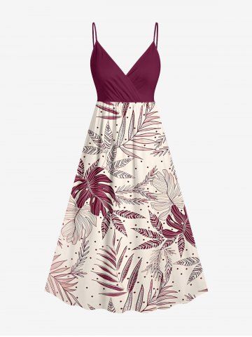 Tropical Leaf Branch Print Hawaii Surplice A Line Dress