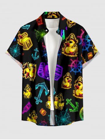 Chemise homme à imprimé canard pirate ancre, style croisière hawaïenne, à boutons et poche