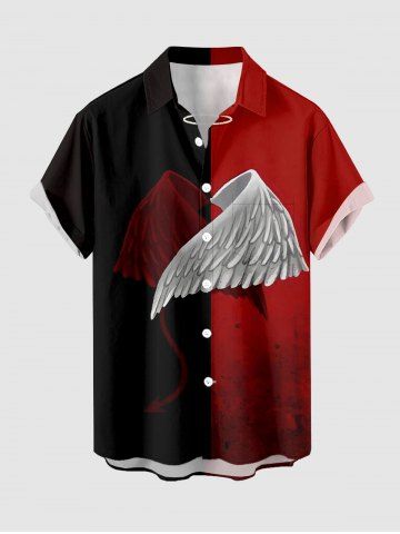 Chemise pour homme à boutons avec poche, imprimé ailes en plumes bicolore, style sombre Halloween - RED WINE - 2XL