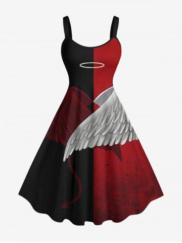 Robe trapèze à imprimé ailes de plumes bicolore, style sombre Halloween - DEEP RED - 4X
