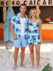 Matching Hawaii Shirt and Romper Beach Outfit Coconut Tree Sea Print For Couples -  