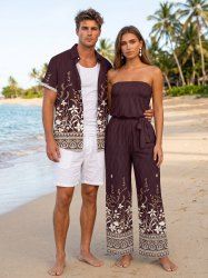 Tenue de plage hawaïenne assortie pour couple avec imprimé ethnique fleurs et plantes - marron foncé 