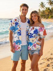 Flower Leaf Print Matching Hawaii Beach Outfit For Couples -  