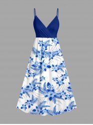 Hibiscus Flowers Tropical Leaf Print Surplice Hawaii Cami Dress -  