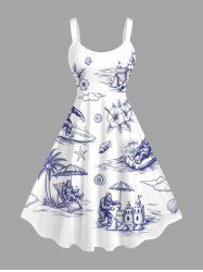 Gorilla Cocotier Fleurs Vagues de Mer Imprimé Hawaii Robe débardeur (Bretelles ajustables) - Blanc XXS