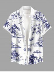 Chemise Hawaii pour homme Gorilla à imprimé cocotier, fleurs et vagues marines avec boutons et poche - Blanc 4XL
