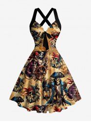 Robe débardeur Hawaï à imprimé crâne squelette pirate ancre gouvernail croisière, bretelles entrecroisées et nœud - Bronze S