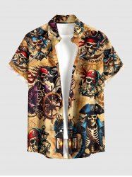 Skull Skeleton Pirate Anchor Rudder Cruise Print Buttons Pocket Hawaii Shirt For Men -  