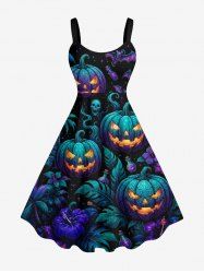 Halloween Pumpkin Flowers Leaf Bat Coconut Tree Skull Print Tank Dress(Adjustable Shoulder Strap) -  