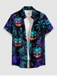 Chemise homme Halloween à imprimé citrouille, fleurs, feuille, chauve-souris, cocotier, crâne, boutons et poche - Paon Bleu S