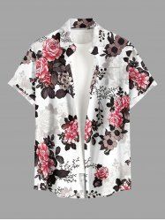 Flower Leaf Branch Print Hawaii Button Pocket Shirt For Men -  