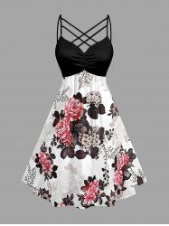 Robe trapèze à imprimé Hawaii fleurs feuilles branches, fronces et bretelles croisées - Blanc XXS