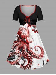 Robe trapèze hawaïenne ceinturée à imprimé pieuvre et fleurs - Rouge Vineux 4X