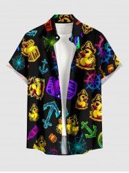 Chemise pour homme à imprimé canard, pirate et ancre, style croisière hawaïenne, à boutons et poche - Noir 2XL